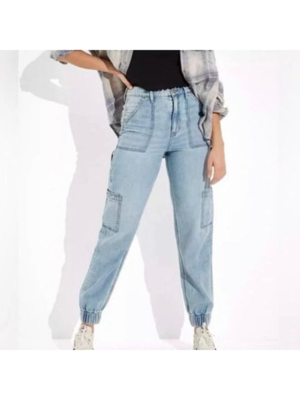 American Eagle Cargo Jogger Jeans Blue Denim High Rise Size 2 Long
